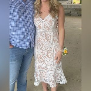 Alluring Love White and Beige Lace Trumpet Hem Midi Dress